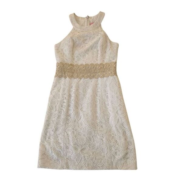 Lilly Pulitzer Women's Sleeveless Floral Lace Mini Dress White Gold Trim Size 00 - Picture 4 of 12